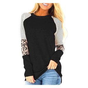 Women's Black Leopard Striped Crew Neck Long Sleeve Casual Top. Various Sizes
